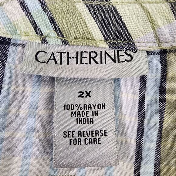 Catherine's Tunic Top Sz 2X Striped Plaid Green Ruffle 3/4 Sleeve Popover Rayon - Picture 7 of 9